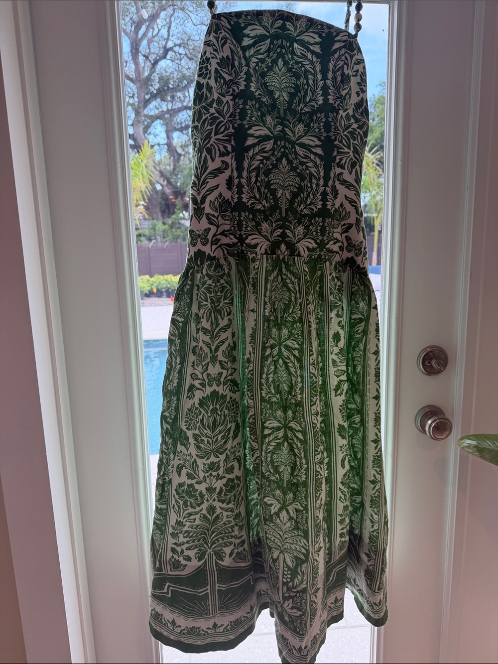 FARM Rio Green and White Botanical Strap Midi Dress